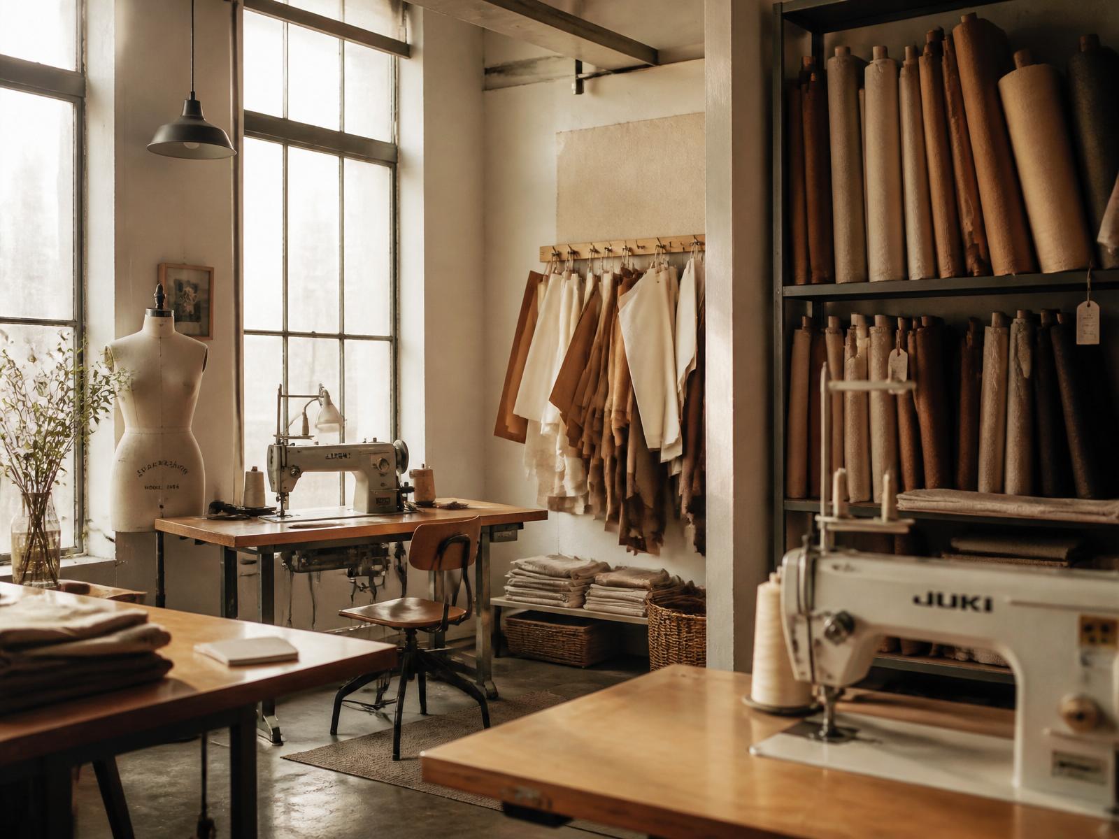 Interior of the UAB Tindra atelier — sewing tables, fabric rolls and natural light