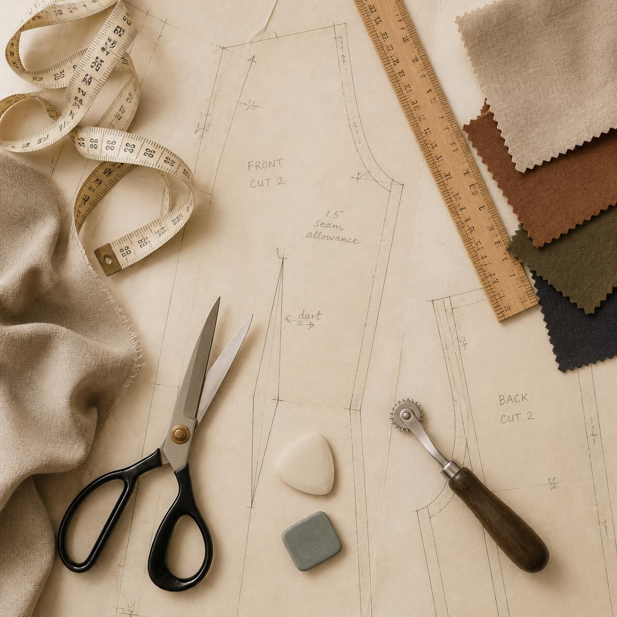 Flat lay of pattern paper, tailor's shears, measuring tape and fabric swatches